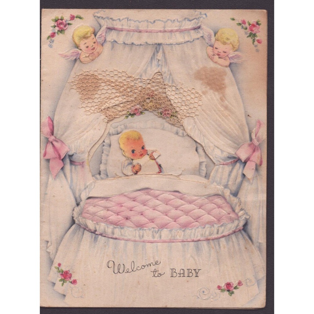 Vintage 1940s-50s Welcome to Baby Greeting Card Die Cut Cherubs Ribbon USA